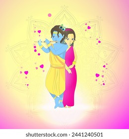 Vector illustration of Lord Krishna playing the flute near Radha. Internal feminine energy. Religion of India.
