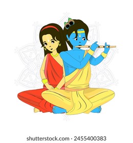 Vektorillustration von Lord Krishna beim Flötenspiel bei Radha. Innere weibliche Energie. Religion von Indien.