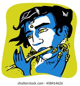 Vector illustration of Lord Krishna playing flute. 