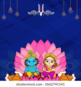 Ilustración vectorial del Señor Krishna y Radha sentados en un loto rosa. Ideal para Janmashtami, Radhashtami y otros festivales hindúes. Fondo azul con Elementos festivos.