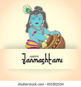 Vector illustration of Lord Krishna with stylish text for Happy Janmashtami.