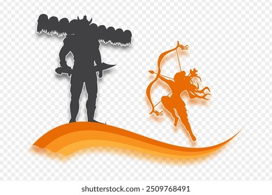 Vector illustration of lord Ram and Ravan silhouette on transparent background