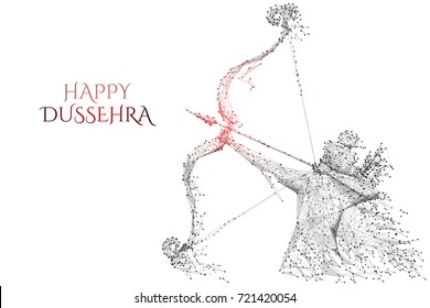 Vector illustration of Lord Rama with arrow killing Ravana in Dussehra Navratri festival. Low Poly wireframe digital art on white background. Polygon abstract mash line and point origami with triangle