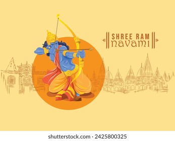 Ilustración vectorial de Lord Rama con flecha de arco para la celebración de Shree Ram Navami. Esbozo de templos en el fondo.