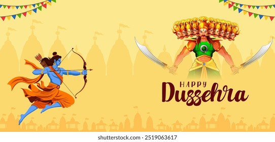 ilustração vetorial de Lord Rama matando Ravana no festival Happy Navratri da Índia Dussehra