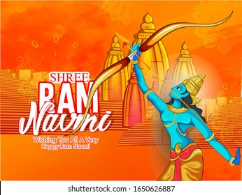 vector illustration of Lord Rama with message in hindi  Shri Ram Navami with Bow & Arrow white background