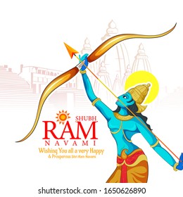 vector illustration of Lord Rama with message in hindi  Shri Ram Navami with Bow & Arrow white background