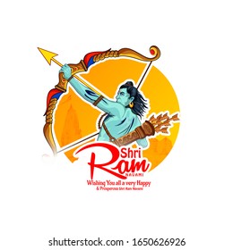 vector illustration of Lord Rama with message in hindi  Shri Ram Navami with Bow & Arrow white background