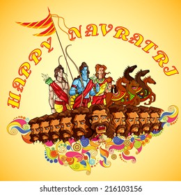 vector illustration of Lord Rama,Laxmana and Sita with Ravana in Happy Dussehra