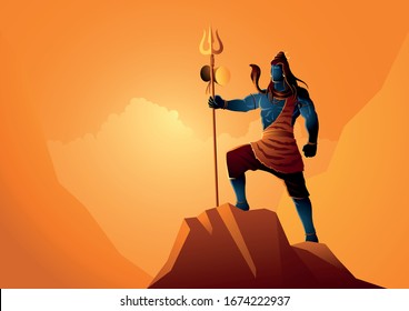 Vector illustration of Lord Shiva standing on top of a rock, Indian God of Hindu