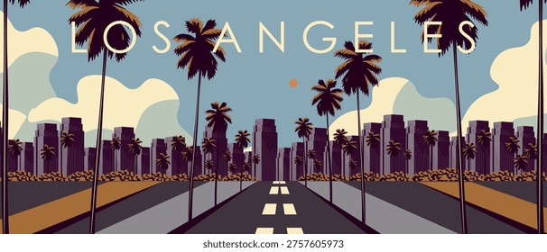 Vector illustration. Los Angeles background, banner, cover, postcard. Retro style. City road, street.
