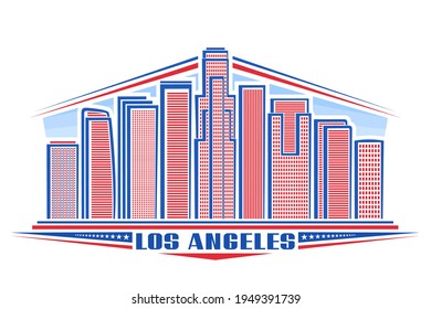 Vector Illustration Of Los Angeles, Horizontal Poster With American City Scape On Day Time Background, Line Art Urban Concept With Unique Lettering For Words Los Angeles And Decorative Stars In A Row.