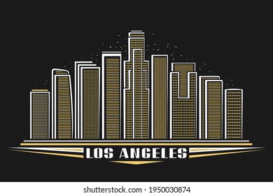 Vector Illustration Of Los Angeles, Horizontal Poster With Outline Design Illuminated American City Scape, Urban Line Art Concept With Decorative Letters For Words Los Angeles On Dark Dusk Background.