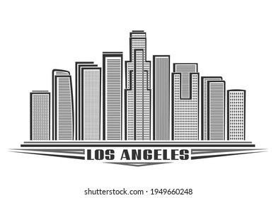 Vector Illustration Of Los Angeles, Monochrome Horizontal Poster With Outline Design American City Scape, Urban Line Art Concept With Decorative Letters For Black Words Los Angeles On White Background