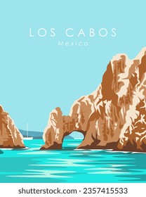 Vector illustration Los Cabos Mexico. Design for poster, banner, postcard. Tourism, travel. Retro style.