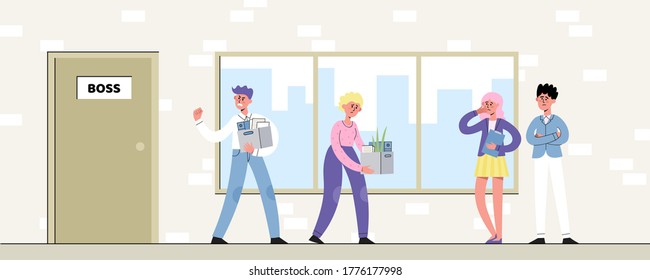Vector illustration of loss of work by employees in office isolated on white. Angry man and sad woman with box of stuff leaving work, two employees watch this, character design in modern flat style
