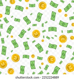 Vector illustration of Loti Lesotho currency. Random pattern of banknotes and coins in green and gold colors on transparent background (PNG). 