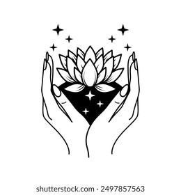 Vector illustration of a lotus flower held by two hands with stars surrounding it. Black and white design emphasizes spirituality and healing. Flower in hands