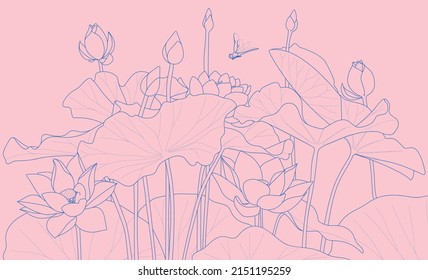 Vector illustration of lotus flowers and leaves.