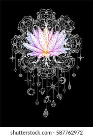 Vector illustration lotus on the background mandala with pendants, sacred amulet,  colorful tattoo, isolated. Psychedelic art for print, posters, t-shirts and textiles. Boho style