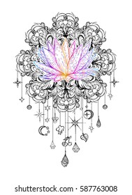 Vector illustration lotus on the background mandala with pendants, sacred amulet,  colorful tattoo, isolated. Psychedelic art for print, posters, t-shirts and textiles. Boho style