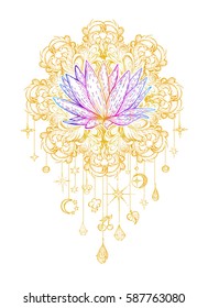 Vector illustration lotus on the background golden mandala with pendants, sacred amulet,  colorful tattoo, isolated. Psychedelic art for print, posters, t-shirts and textiles. Boho style