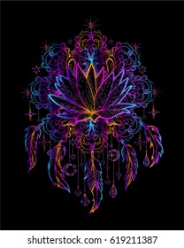 Vector illustration lotus on the background mandala with pendants, sacred amulet, colorful tattoo, isolated. Psychedelic art for print, posters, t-shirts, textiles. Boho,Bohemia, style, yoga, fashion.