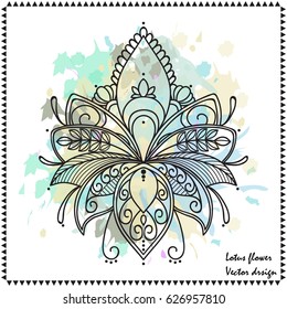 Vector illustration lotus on the background colorful watercolor ornament, sacred amulet, colorful tattoo, isolated.Hand drawn illustration. Invitation element. Tattoo, astrology, boho,magic symbol.