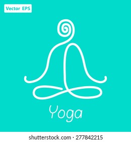 Vector illustration. Lotus pose on a blue background. Yoga, relaxation and a healthy lifestyle. A simple line drawing.