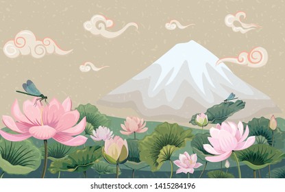 Vector illustration with lotuses and mountain