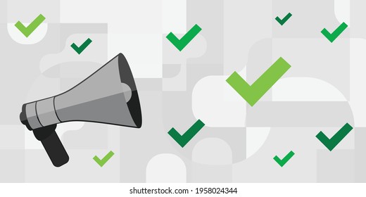 vector illustration of loudspeaker and approval green symbols for successful campaigns 