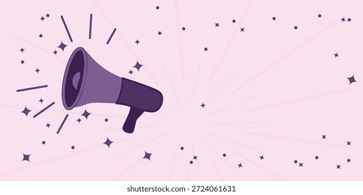 Ilustração vetorial de alto-falante com espaço de cópia em tons roxos sobre fundo rosa isolado. Símbolo do empoderamento, do ativismo, da liberdade de expressão, dos protestos e das manifestações de vontade das mulheres.