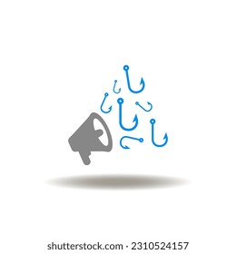 Vector illustration of loudspeaker and flow hooks. Icon of attention advertising of phishing, vishing, hacker threat, attack.