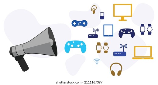 vector illustration loudspeaker and gaming devices for public relations and videogames promo 