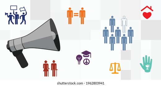 vector illustration loudspeaker and human rights issues topics ads published in media