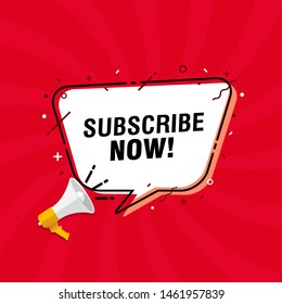Vector illustration of loudspeaker with phrase 'subscribe now' in speech bubble. Modern banner for business, marketing and advertising concept