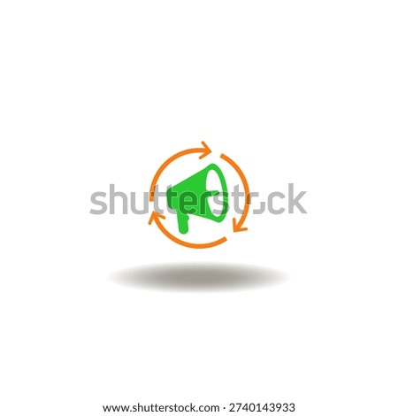 Vector illustration of loudspeaker with round arrows cycle process. Symbol of marketing. Icon of dissemination, advertisement.