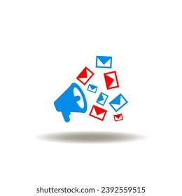 Vector illustration of loudspeaker screaming by cloud of mail letters. Icon of spam.
