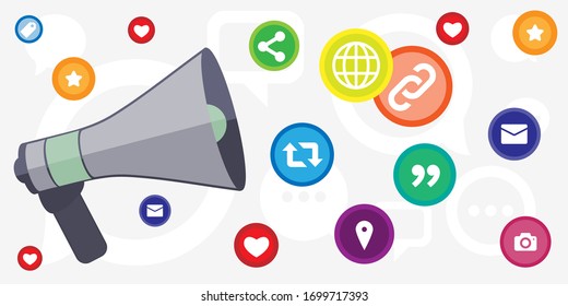 vector illustration of loudspeaker with social media symbols for spreading information online visual