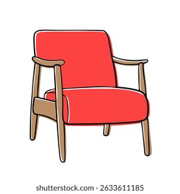 Ilustração vetorial de uma cadeira de salão com almofada vermelha e moldura de madeira. Perfeito para projetos de design de interiores, decoração de casas e móveis.