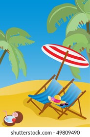 Vector illustration of lounge chaises with umbrella on the beach