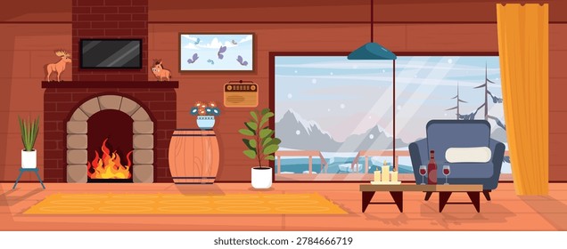 Vector illustration of a lounge interior. Cartoon scene of a living room, an armchair, a table with wine, glasses, candles, a fireplace, a radio, a TV, a picture, flower pots, a window, snowy nature.

