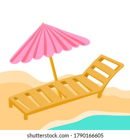Vector illustration with lounger, umbrella, ocean shore and sun. Postcard, hello from vacation, poster, poster, post splash, cute illustration in flat hand drawn style. Beach furniture background.