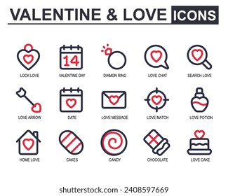vector illustration of love. 2 line color style. contains love lock, valentine date, ring, chat, search, arrow, message, chocolate, cake, fragrance, love, perfume, house. editable stroke.