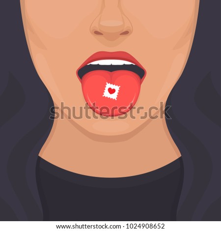 vector illustration of love addiction pill on tongue, sexy woman lips ,open mouth 
