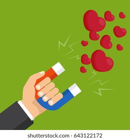 Vector illustration. Love attraction concept. Hand with magnet attracting hearts. 