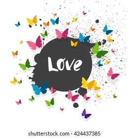 Vector Illustration of a Love Background with Colorful Paper Butterflies