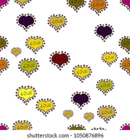 Vector illustration. Love background. Seamless Love pattern. Background of big and small hearts with swirls in white, yellow and black colors.