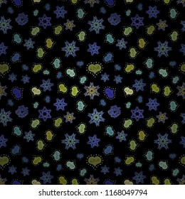 Vector illustration. Love background. Seamless Love pattern. Background of big and small hearts with swirls in black, blue and green colors.