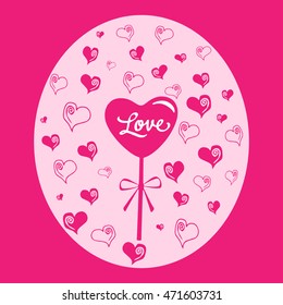 Vector illustration of a love balloon with hearts and candy on a pink background